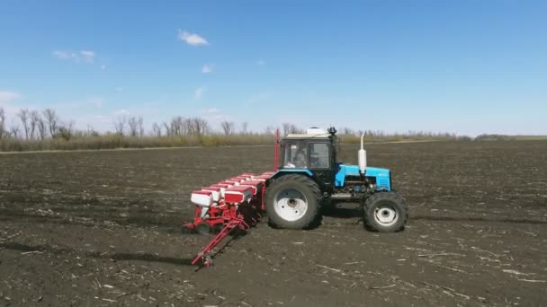 Özel hassas ekicilere sahip traktör, ekiciler tarlada çalışıyor, tarım makineleri mısır ekiyor, ya da yeni sürülmüş toprağa ayçekirdeği ekiyor.. — Stok video