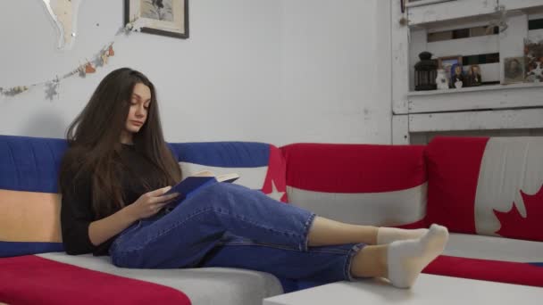 Jovem mulher lendo livro de papel sentado em um sofá acolhedor em casa — Vídeo de Stock