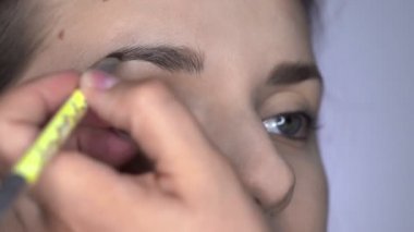 Stüdyoda oturan güzel ve muhteşem kadın için profesyonel makyaj süreci. Makyaj sanatçısı kaşları