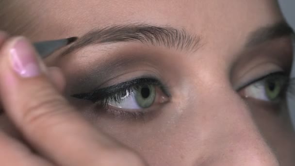 Makroaufnahme einer Visagistin, die junge Frauen im Schönheitsstudio professionell schminkt. Make-up Artist Make-up Augenbrauen — Stockvideo