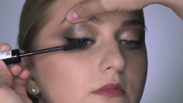 Makeup artist making professional make-up για νεαρή γυναίκα στο στούντιο ομορφιάς. Μακιγιάζ Καλλιτέχνης χρησιμοποιεί μάσκαρα για να κάνει βλεφαρίδες — Αρχείο Βίντεο