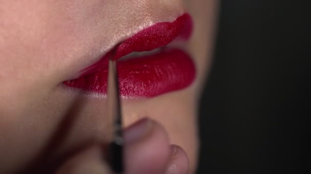 Primer artista de maquillaje haciendo maquillaje profesional para mujer joven en el estudio de belleza. Maquillaje Artista aplicando lápiz labial en el modelo — Vídeo de stock