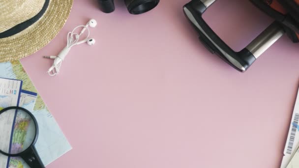 Top view hands laying on pink desk word JOURNEY — Stock Video