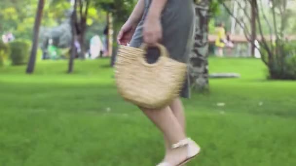 Vista lateral da mulher jovem com handmade elegante bolsa de palha caminha no parque de verão. Saco ecológico . — Vídeo de Stock