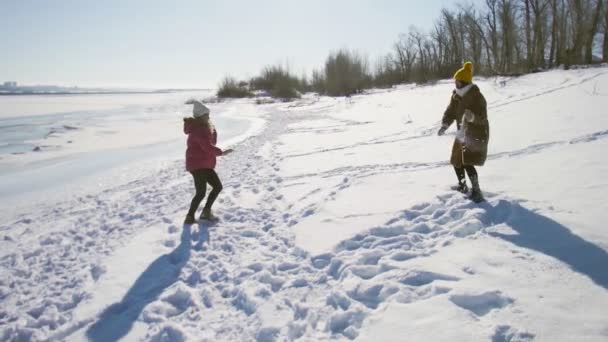 Zwei Freundinnen amüsieren sich am Winterstrand — Stockvideo