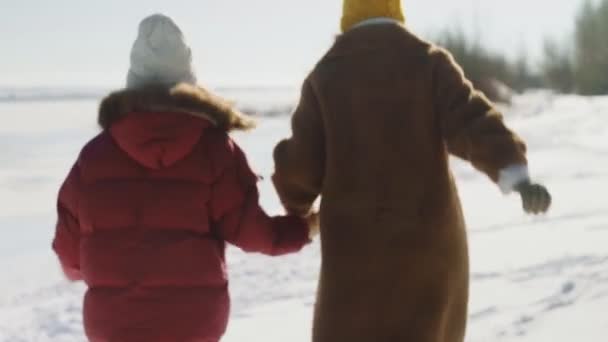 Дві жінки друзі тримають один одного за руки і бігають на снігу — стокове відео