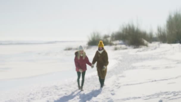 Dwie przyjaciółki trzymają się za ręce i biegają po śniegu. — Wideo stockowe