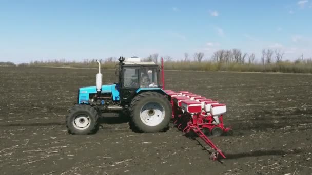 Трактор со специальными высокоточными сеялками, сеялка работает в поле, сельскохозяйственная техника сажает кукурузу, или семена подсолнечника в свежевспаханную землю. — стоковое видео