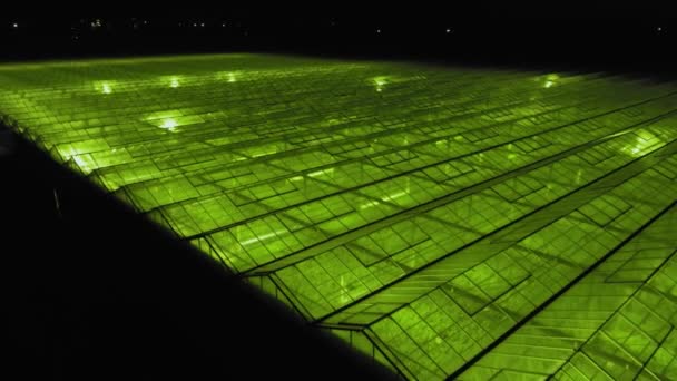 Aerial - Exterior shot of greenhouse with LED lights on for growing plants. — Stock Video