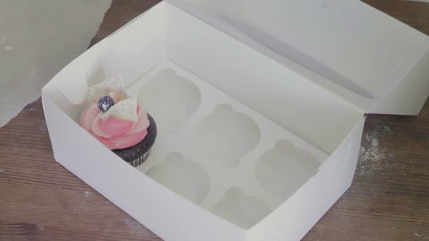 Mulher está embalando cupcakes em uma caixa — Vídeo de Stock