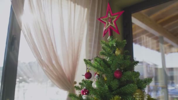 Árbol de Navidad decorado en una bonita casa en invierno — Vídeos de Stock