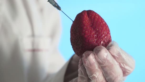 男性科学家与注射器手将物质注入草莓花冠。Covid-19 — 图库视频影像