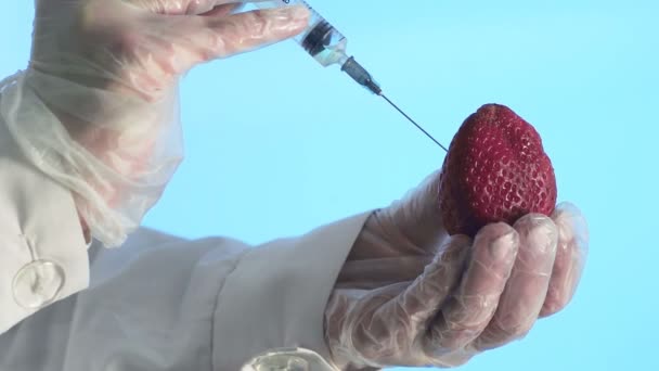 Mãos masculinas de cientista com seringa injetando substância no Morango Corona. Covid-19 — Vídeo de Stock