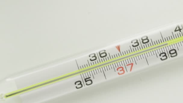 ガラス水銀温度計。白い背景のコロナで39.1度。Covid-19 — ストック動画