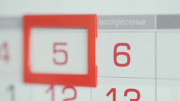 La mano di donne in ufficio cambia la data a calendario di parete. Variazioni da 5 a 6 — Video Stock