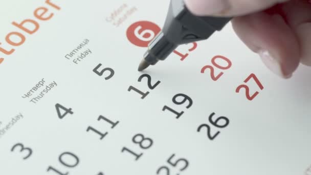 Vrouwelijke handcirkeldag op papieren kalender. 12e dag van de maand — Stockvideo