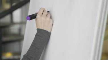 İş kadını, konferans odasında yaptığı sunumda fikirlerini beyaz tahtaya koyuyor..