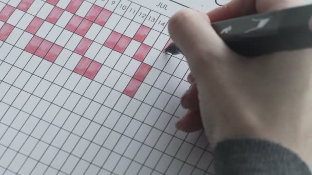 Marcação de dias em um calendário por caneta de feltro vermelha — Vídeo de Stock