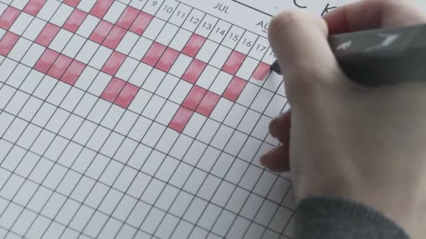 Mit rotem Filzstift Tage auf einem Kalender markieren — Stockvideo
