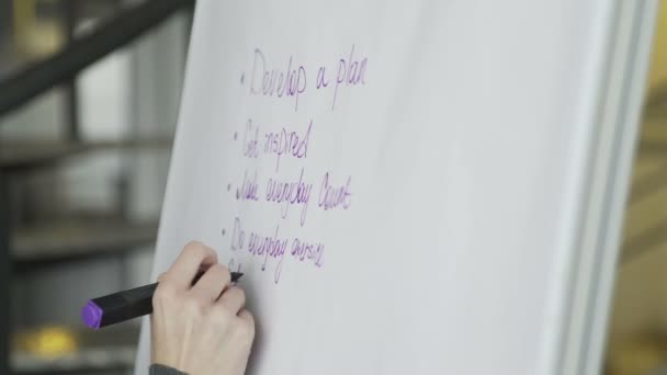 Close-up van het bedrijfsleven vrouw hand schrijven business plan op flip-over. — Stockvideo
