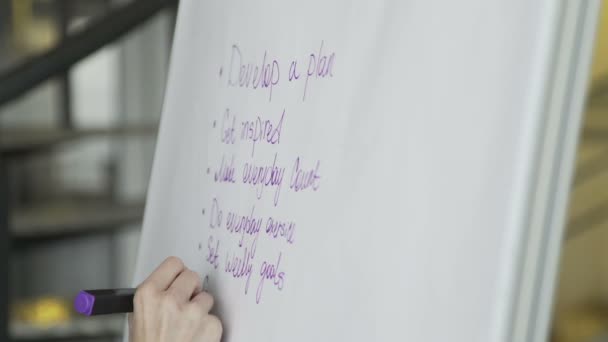 Zakelijke vrouw zet zijn ideeën op het witte bord tijdens een presentatie in de vergaderzaal. — Stockvideo