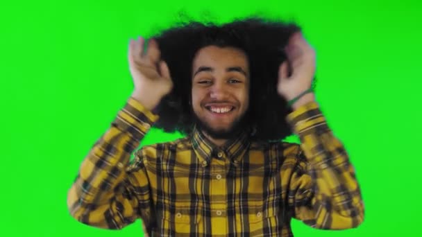 Hombre afro-americano preocupado riendo, manteniendo las manos en su cara y celebrando el éxito en pantalla verde o croma clave fondo . — Vídeos de Stock