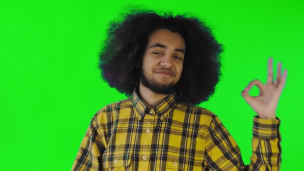 Усміхаючись привабливим афро-американським хлопцем, який показує чіткі жести, стоячи ізольовано над зеленим екраном або хроматичним фоном. Концепція емоцій — стокове відео