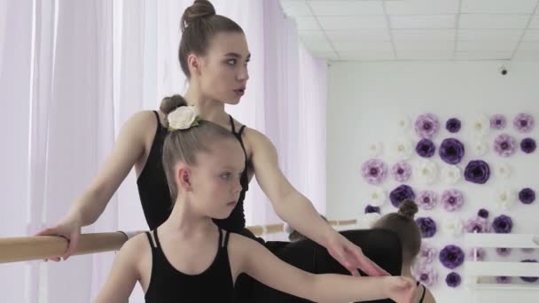 Grupo de niñas en faldas tutú rosadas aprendiendo nuevos movimientos de baile durante la lección de ballet — Vídeo de stock