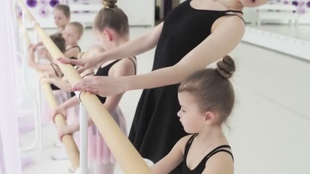 バレエ学校の女の子ダンサーは踊ることを学ぶ。チュチュの優雅な女の子は、スタジオのパノラマの窓に対してバレエを踊る. — ストック動画