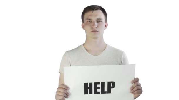Young Man Activist With HELP Poster on white background — Stock Video