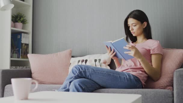 Mujer leyendo un libro y realxing en el sofá en casa — Vídeos de Stock