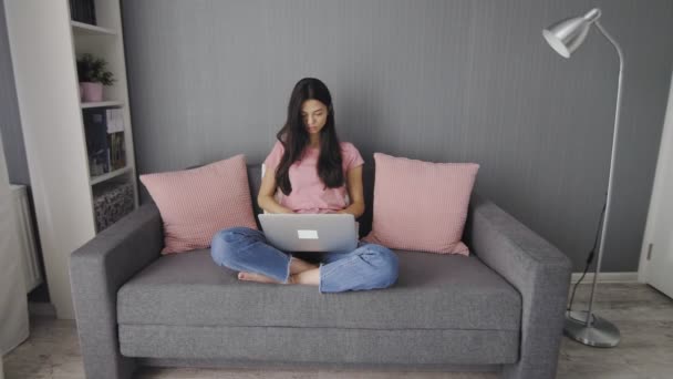 Приваблива жінка працює на своєму комп'ютері на дивані — стокове відео