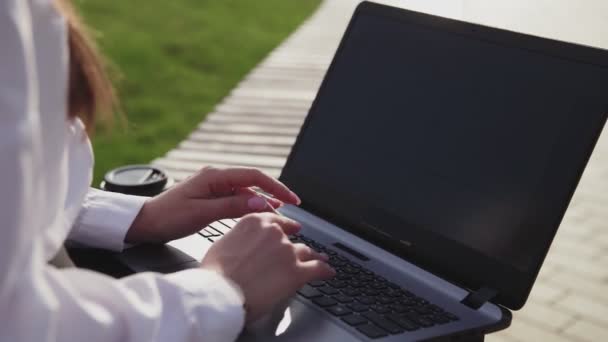 Fiatal üzletasszony ül a szabadban padon laptoppal és dolgozik. — Stock videók