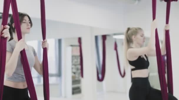 Jeunes femmes est la formation en hamac de tissu en studio . — Video