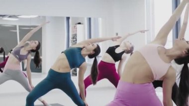 Spor salonunda bir grup genç kadın için yoga eğitimi.