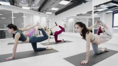 Sportif çekici kızlar, hafif sağlık stüdyosunda renkli yoga minderlerinin üzerinde otururken baş aşağı eğilerek esneme egzersizleri yapıyorlar..