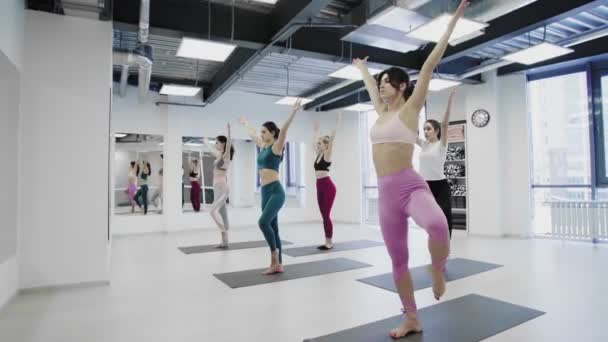 Dolly drag av kvinnor som tränar hälsosam livsstil yoga — Stockvideo