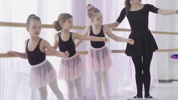 在艺术工作室里，小女孩们正在和老师一起学习古典芭蕾舞课的腿动作. — 图库视频影像