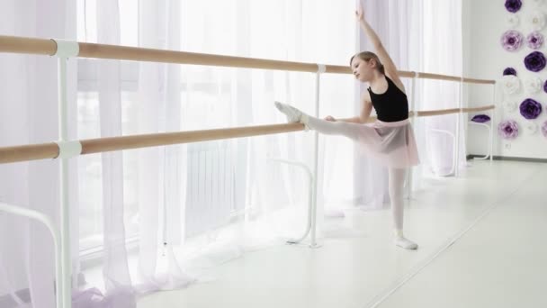 Roztomilý balerína protahování při držení baletní tyč — Stock video