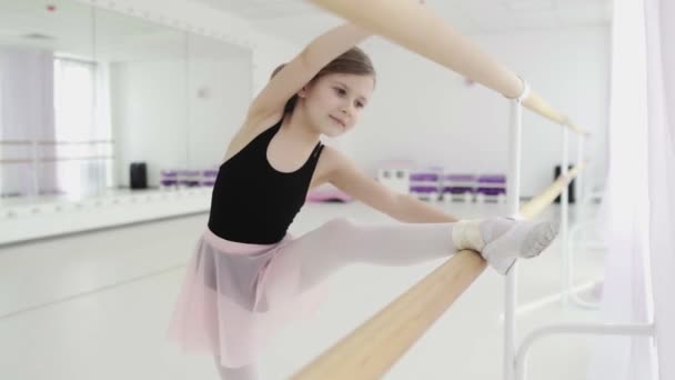 Little girls using ballet barre when doing leg stretching exercises in dance studio — Stock Video