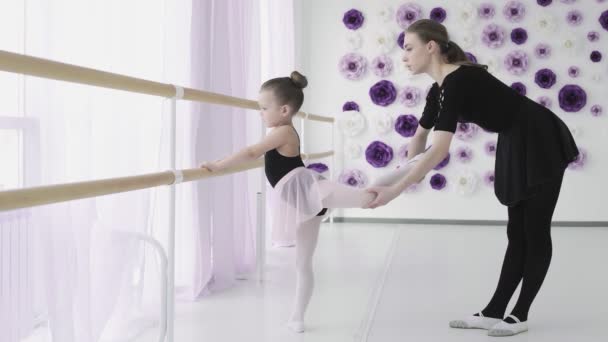 Estudante de balé pouco diligente em bodysuit está tendo aula de balé individual com professores profissionais aprendendo movimentos e posições levantando a perna para trás . — Vídeo de Stock