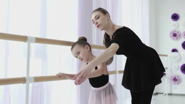 Les in balletbeheersing. een kleine ballerina is verloofd met haar lerares — Stockvideo