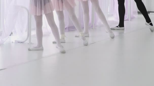 Små ballerinor repeterar rörelserna med läraren. Balett lektion i studion — Stockvideo