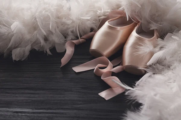 Ballerine rosa scarpe da punta e piuma su sfondo in legno nero — Foto Stock