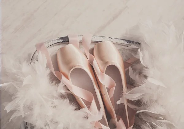 Pink ballet pointe shoes and feather on white wood background — Stock Photo, Image