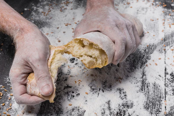 Bakery concept background. Hands breaking bread loaf — Stock Photo, Image