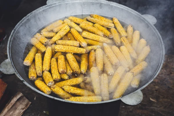 Fresh corncobs cooked in metal cauldron pot — Stock Photo, Image