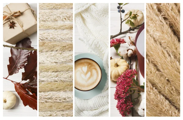 Cangkir kopi cappuccino musim gugur, komposisi latar belakang kolase — Stok Foto