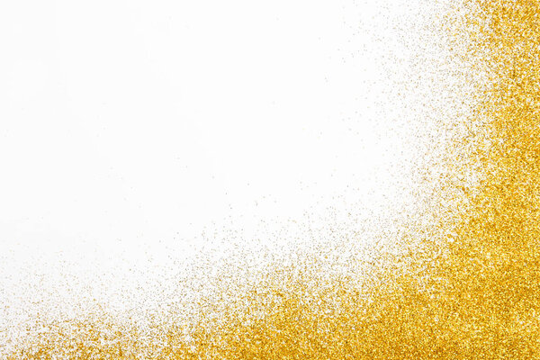 Golden glitter sand texture frame on white, abstract background.