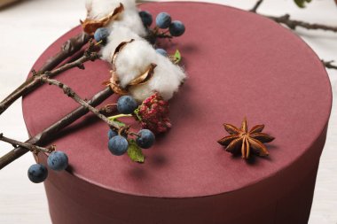 Sonbahar süslemeleri, yaban eriği ve pamuk çiçek arka plan